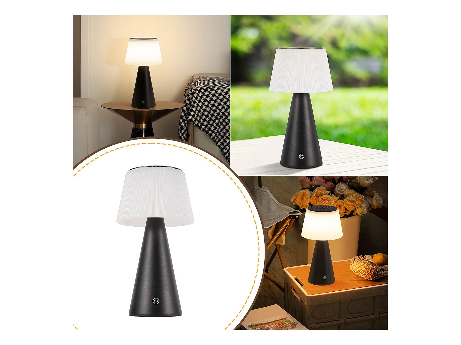 NETTLIFE Lampe de table solaire à batterie, lampe de chevet LED sans fil 3600mhA rechargeable tactile dimmable lampe noire avec batterie USB
