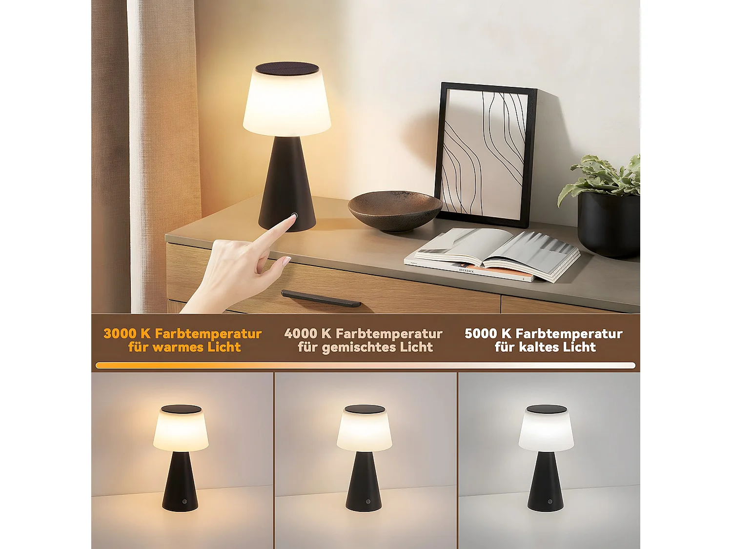 NETTLIFE Lampe de table solaire à batterie, lampe de chevet LED sans fil 3600mhA rechargeable tactile dimmable lampe noire avec batterie USB