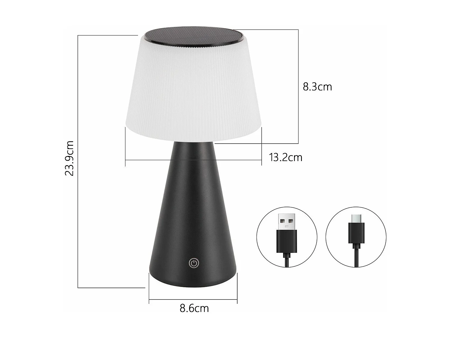 NETTLIFE Lampe de table solaire à batterie, lampe de chevet LED sans fil 3600mhA rechargeable tactile dimmable lampe noire avec batterie USB