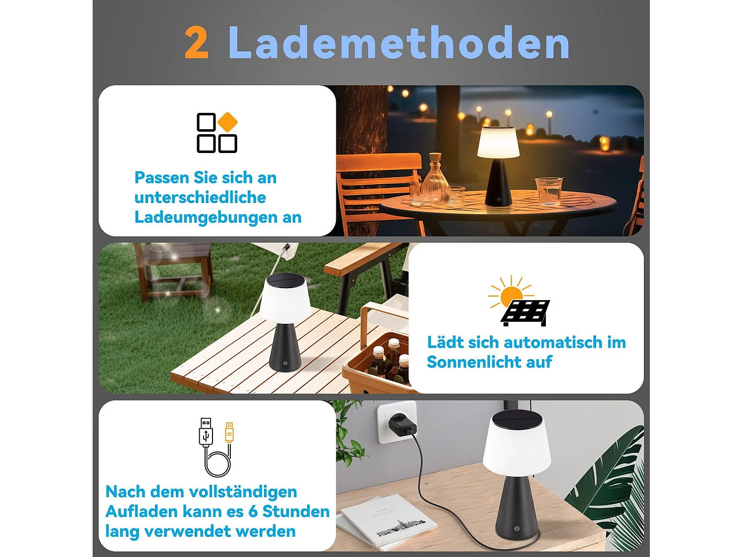 NETTLIFE Lampe de table solaire à batterie, lampe de chevet LED sans fil 3600mhA rechargeable tactile dimmable lampe noire avec batterie USB