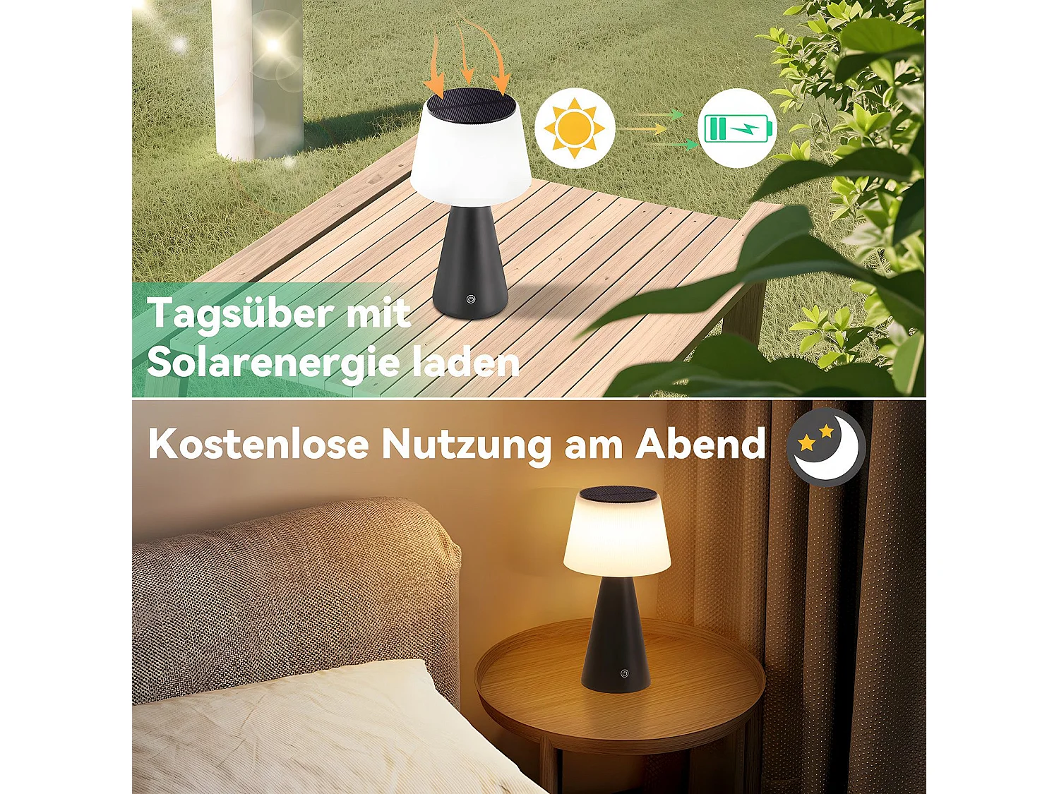 NETTLIFE Lampe de table solaire à batterie, lampe de chevet LED sans fil 3600mhA rechargeable tactile dimmable lampe noire avec batterie USB