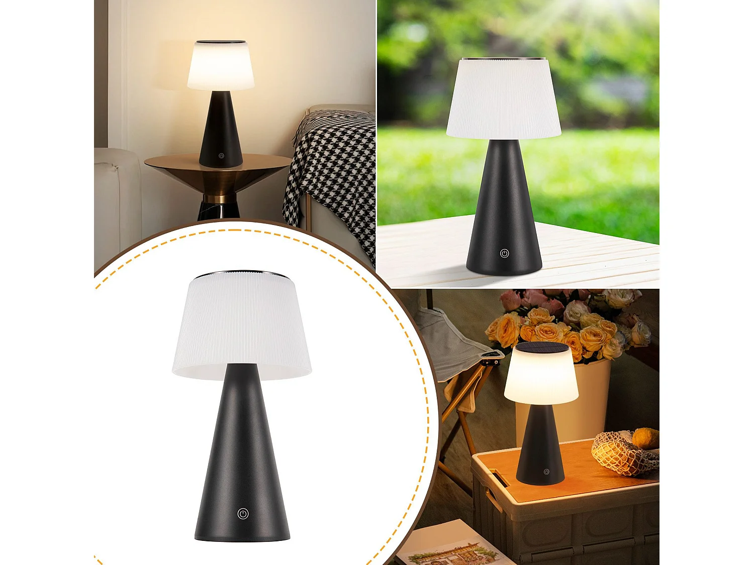 NETTLIFE Lampe de table solaire à batterie, lampe de chevet LED sans fil 3600mhA rechargeable tactile dimmable lampe noire avec batterie USB