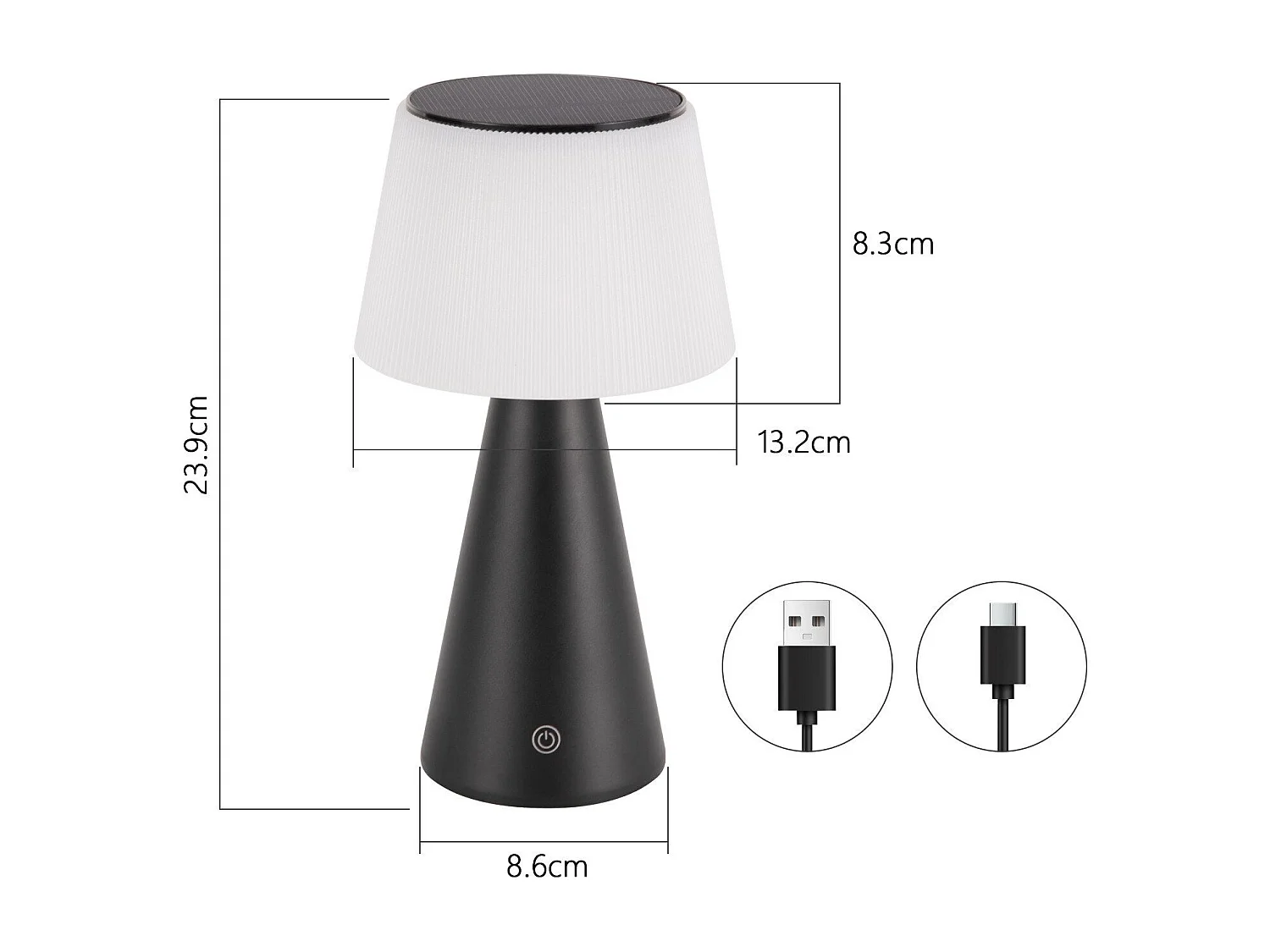 NETTLIFE Lampe de table solaire à batterie, lampe de chevet LED sans fil 3600mhA rechargeable tactile dimmable lampe noire avec batterie USB