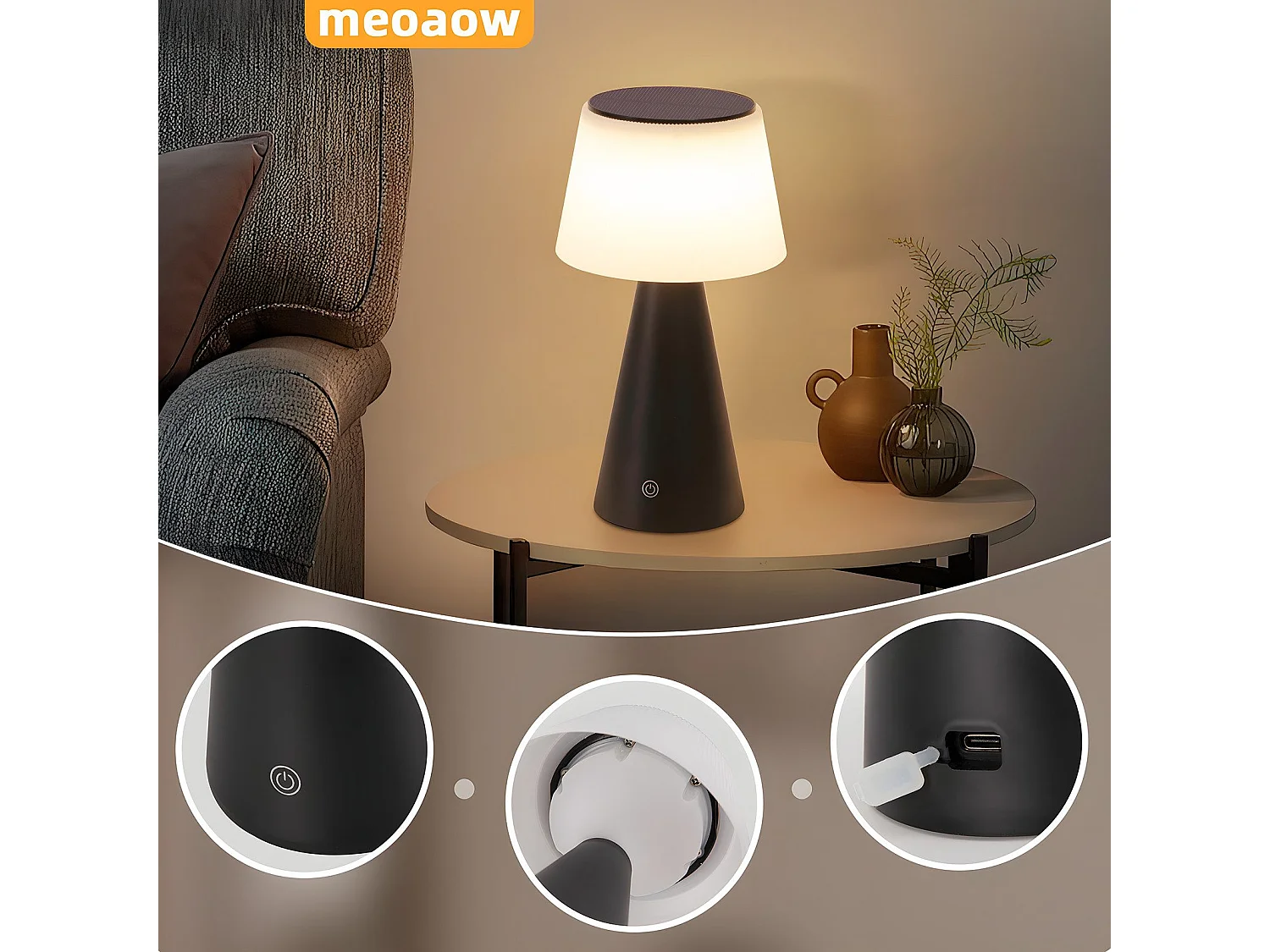 NETTLIFE Lampe de table solaire à batterie, lampe de chevet LED sans fil 3600mhA rechargeable tactile dimmable lampe noire avec batterie USB