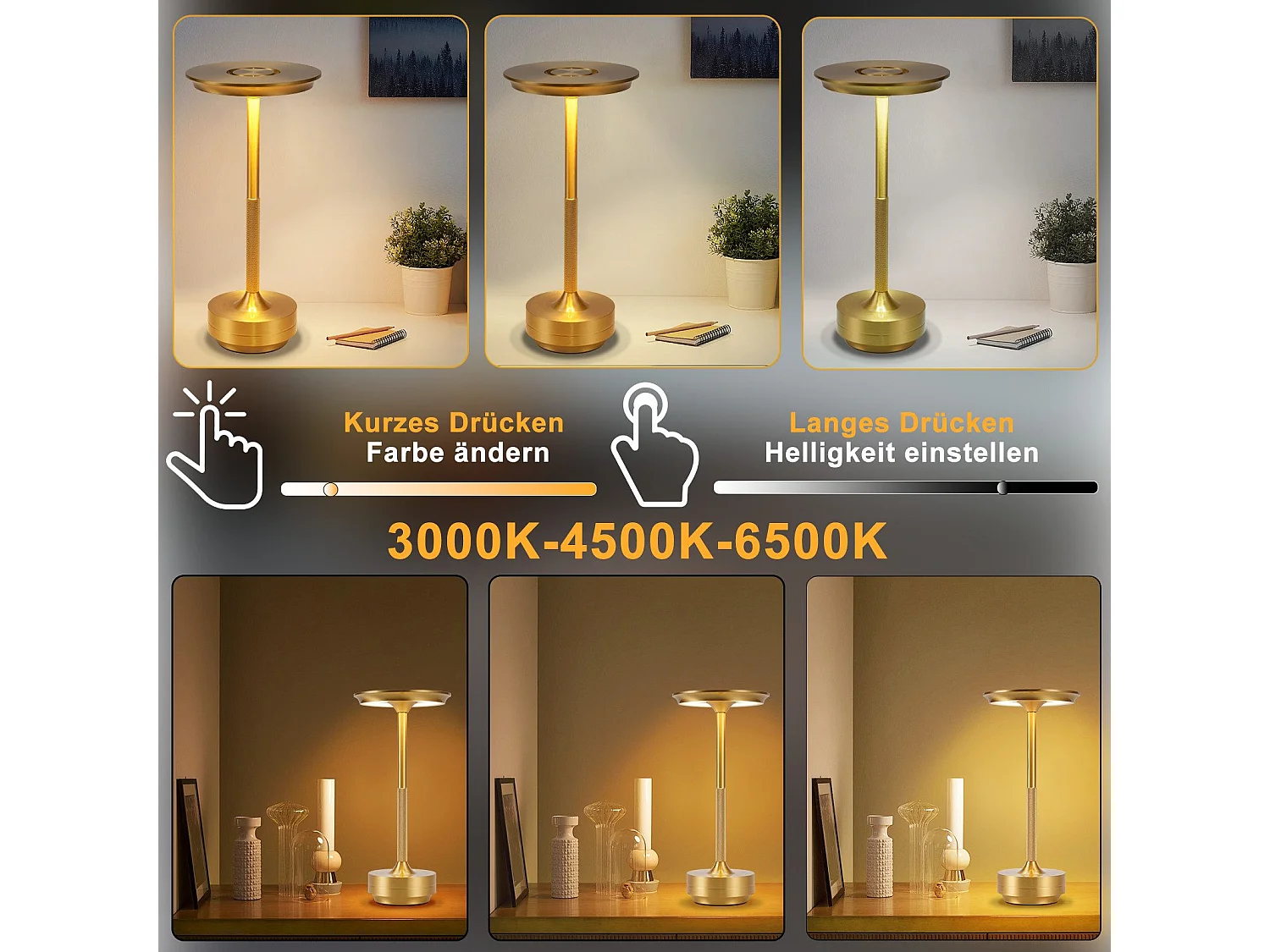 NETTLIFE Draadloze bedlamp op batterijen - Dimbare touch-led-tafellamp met oplaadbare USB-batterij