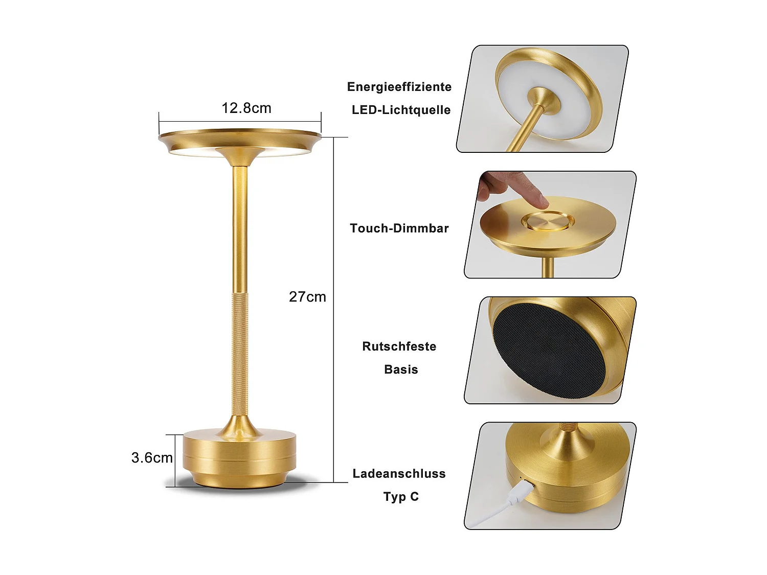 NETTLIFE Draadloze bedlamp op batterijen - Dimbare touch-led-tafellamp met oplaadbare USB-batterij