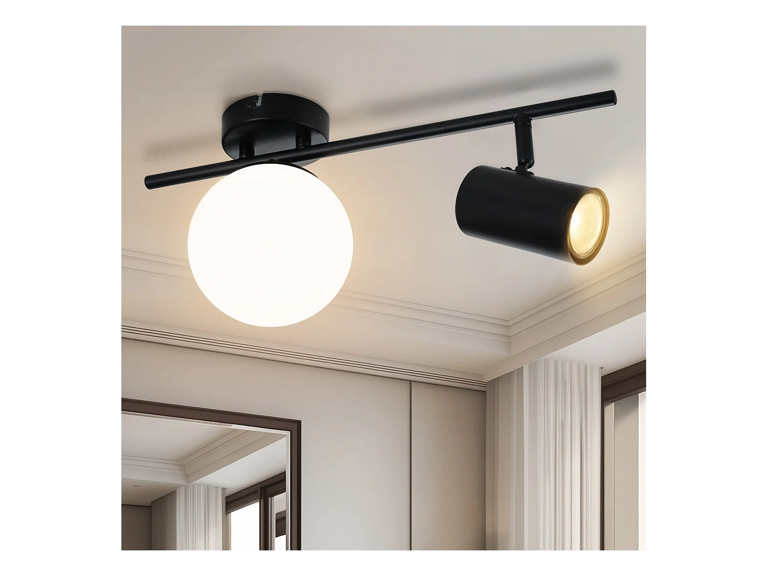 NETTLIFE Spot de plafond 2 flammes noir Plafonnier Moderne  avec GU10 Pivotant 40CM Métal Boule de verre E14