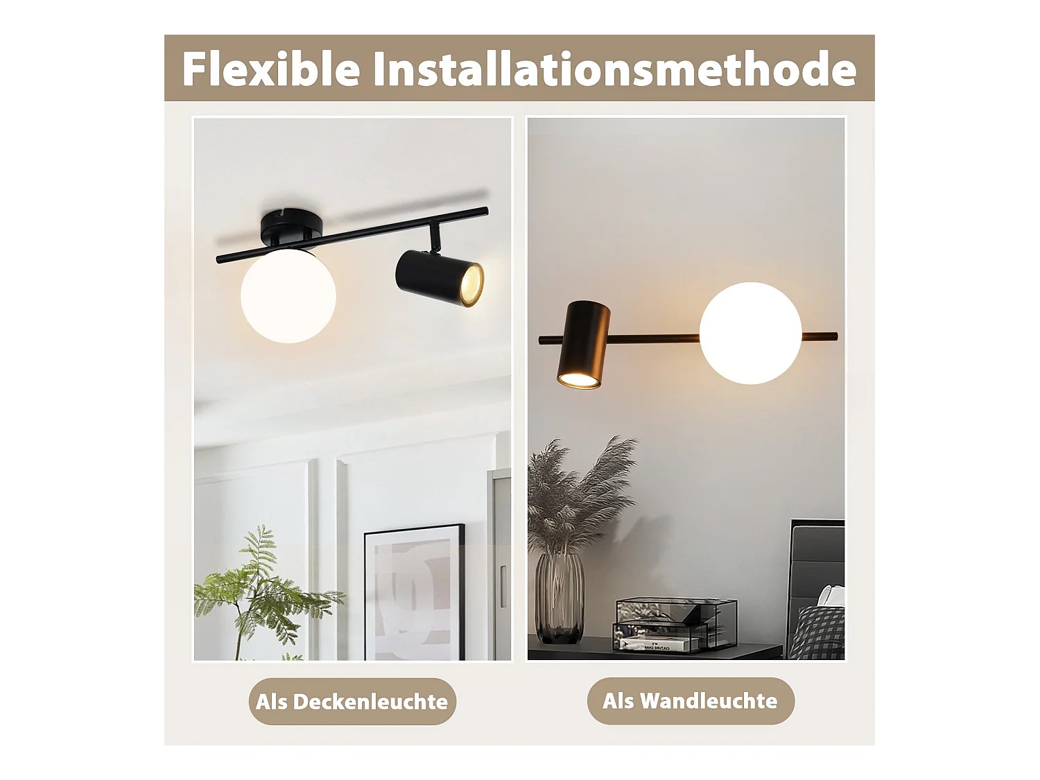 NETTLIFE Spot de plafond 2 flammes noir Plafonnier Moderne  avec GU10 Pivotant 40CM Métal Boule de verre E14