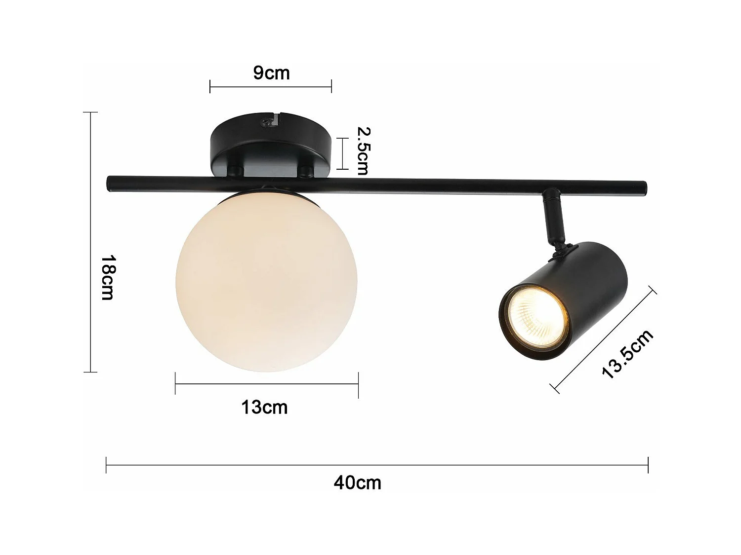 NETTLIFE Spot de plafond 2 flammes noir Plafonnier Moderne  avec GU10 Pivotant 40CM Métal Boule de verre E14
