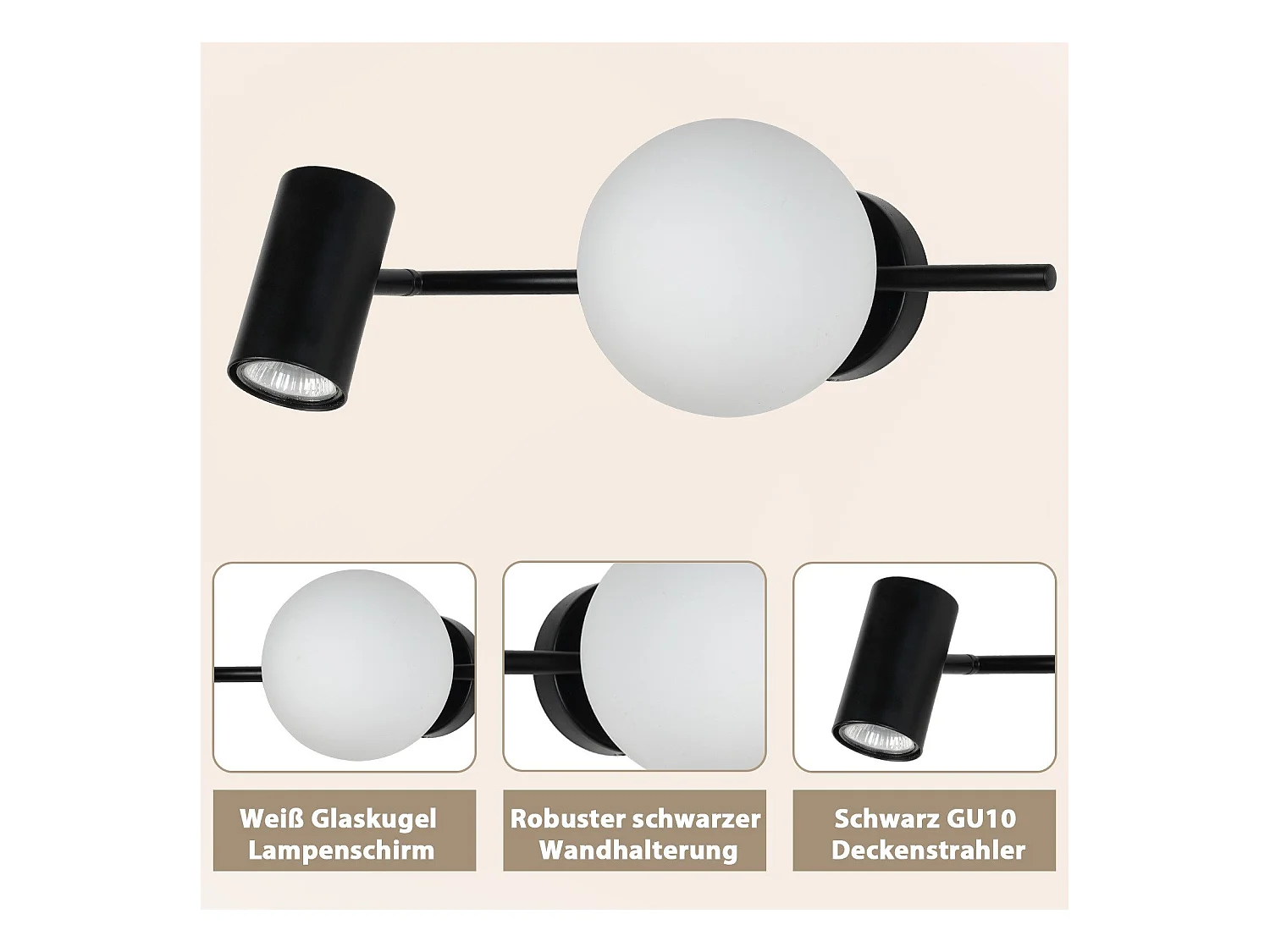 NETTLIFE 2-Flamm Deckenstrahler Schwarz Moderne Deckenleuchte mit GU10 Schwenkbar 40CM Metall Glaskugel E14