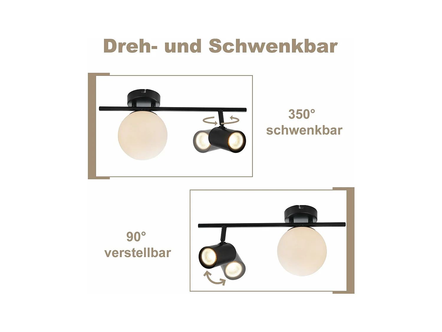 NETTLIFE 2-Flamm Deckenstrahler Schwarz Moderne Deckenleuchte mit GU10 Schwenkbar 40CM Metall Glaskugel E14