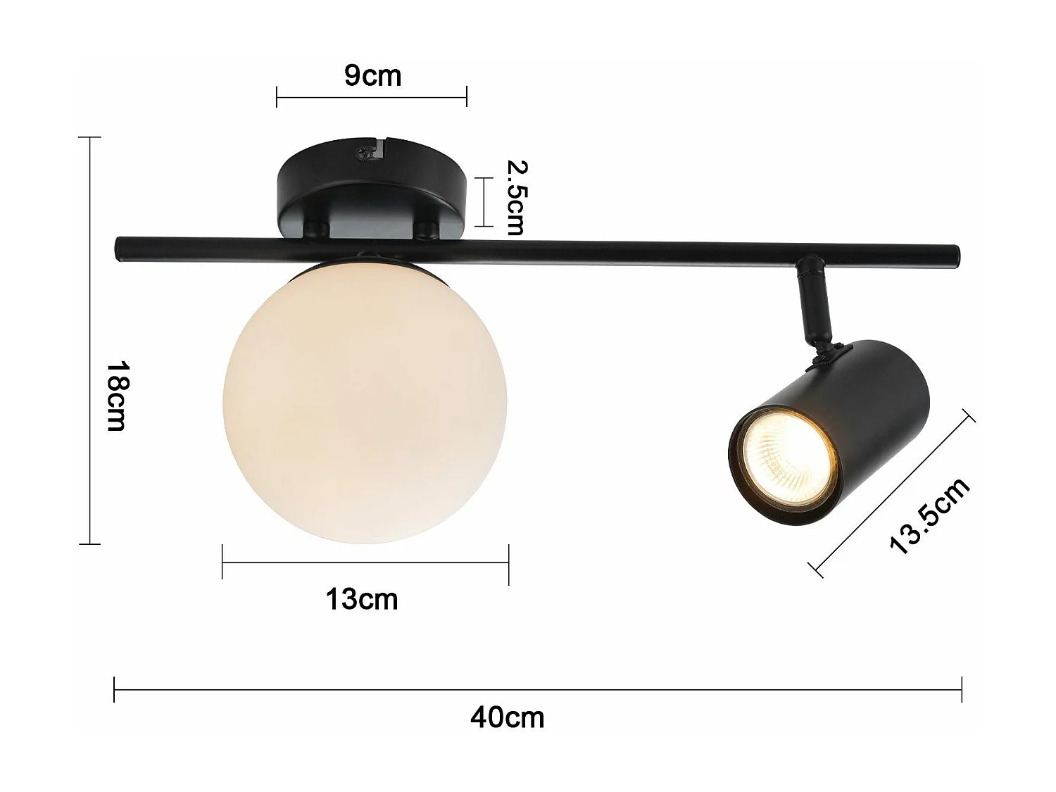NETTLIFE 2-vlams plafondspot zwart Moderne plafondlamp met GU10 Draaibaar 40CM Metaal Glazen bol E14