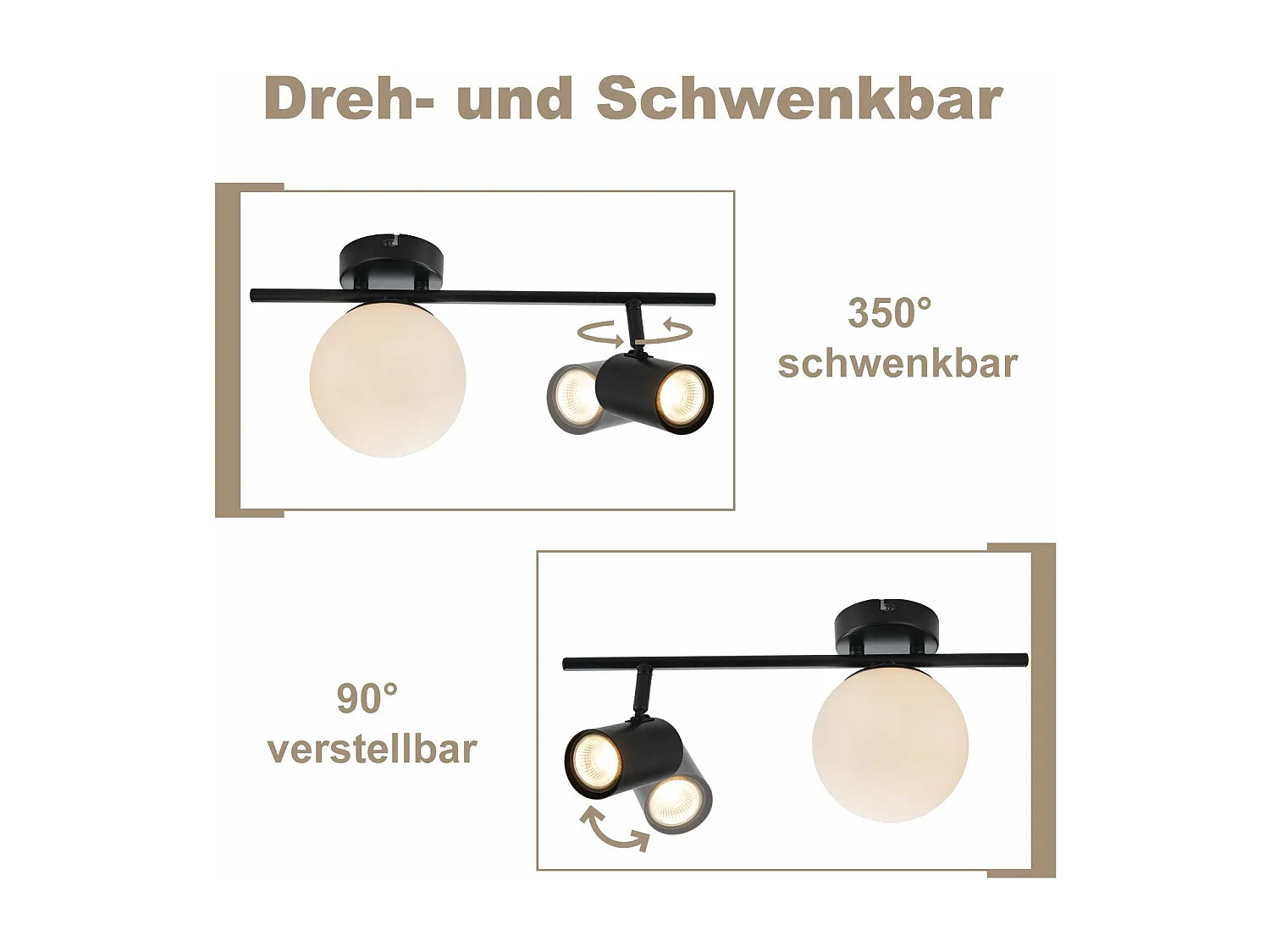 NETTLIFE 2-vlams plafondspot zwart Moderne plafondlamp met GU10 Draaibaar 40CM Metaal Glazen bol E14
