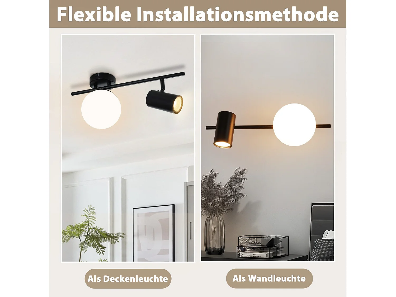 NETTLIFE Spot de plafond 2 flammes noir Plafonnier Moderne  avec GU10 Pivotant 40CM Métal Boule de verre E14