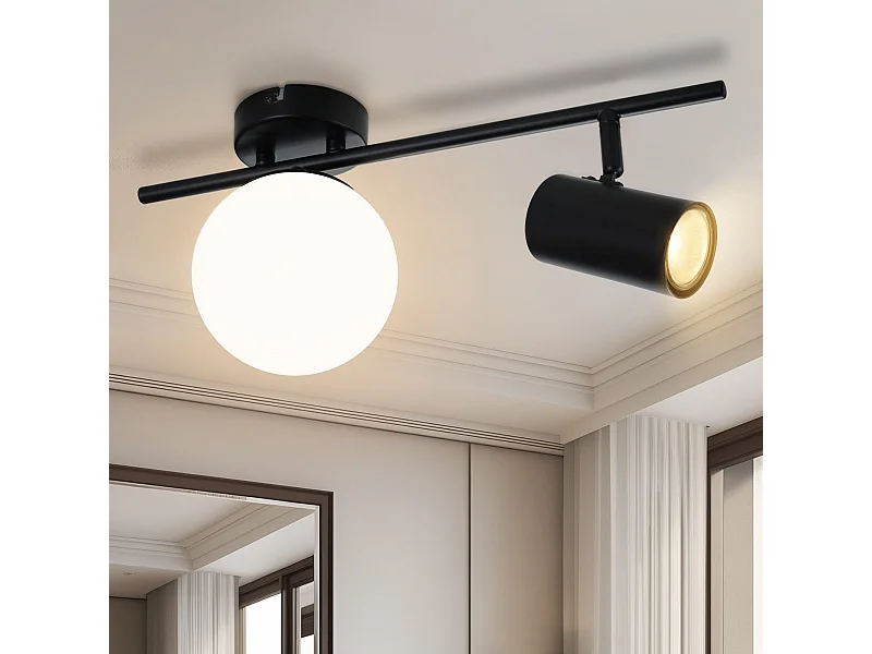 NETTLIFE 2-Flamm Deckenstrahler Schwarz Moderne Deckenleuchte mit GU10 Schwenkbar 40CM Metall Glaskugel E14