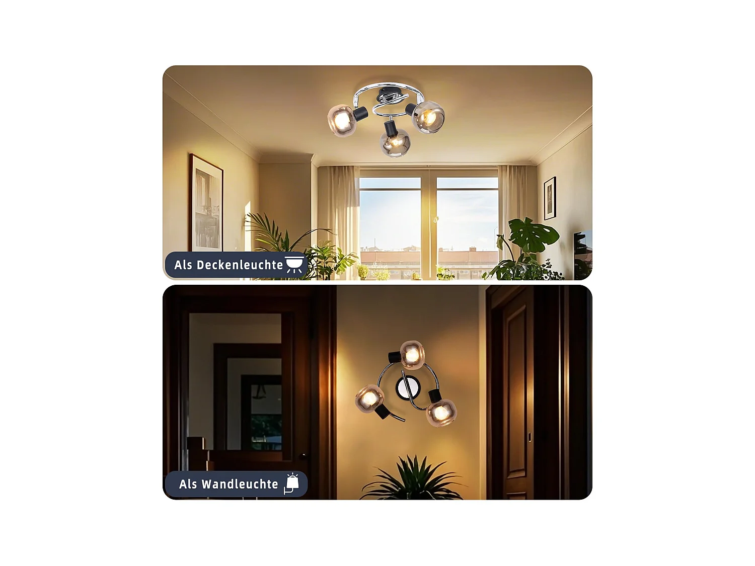 NETTLIFE Plafonnier Spot E14 Moderne Verre Fumé 3 Flammes Plafonnier Pivotant 350° Pivotant