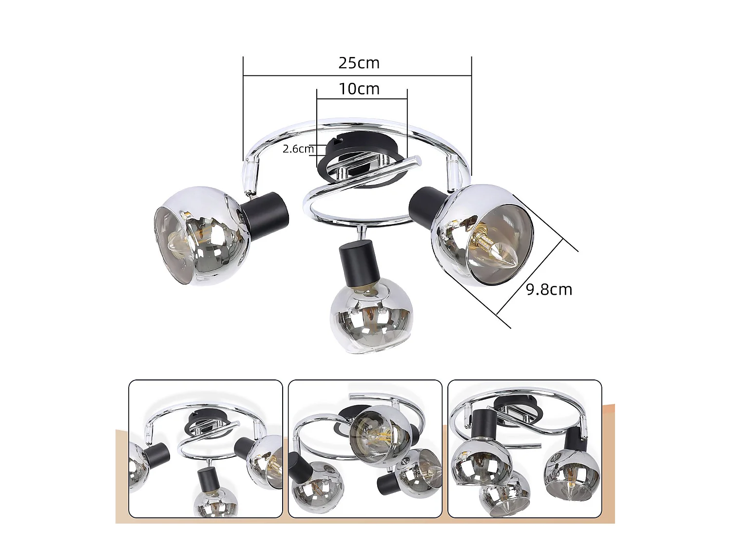 NETTLIFE Plafonnier Spot E14 Moderne Verre Fumé 3 Flammes Plafonnier Pivotant 350° Pivotant