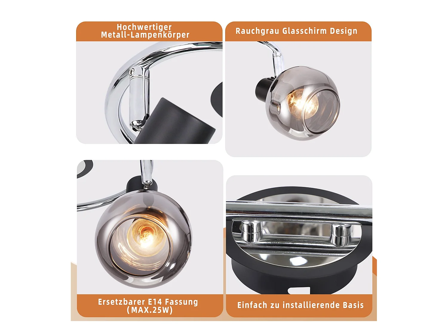 NETTLIFE Plafonnier Spot E14 Moderne Verre Fumé 3 Flammes Plafonnier Pivotant 350° Pivotant