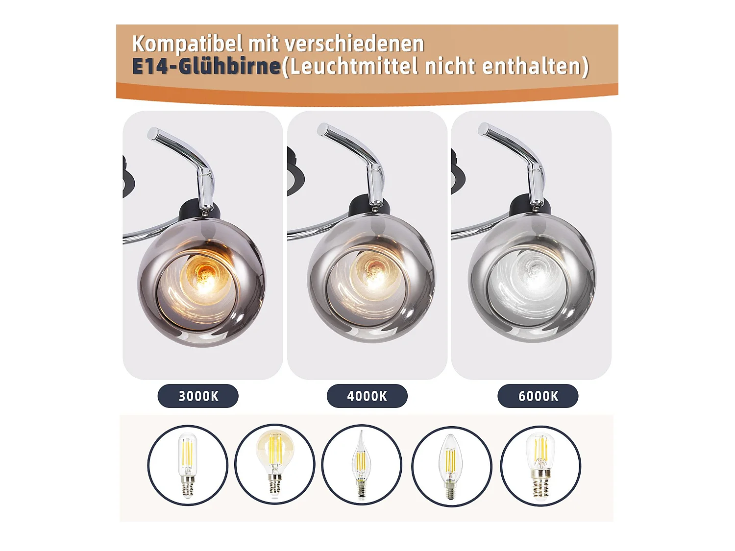 NETTLIFE Plafonnier Spot E14 Moderne Verre Fumé 3 Flammes Plafonnier Pivotant 350° Pivotant