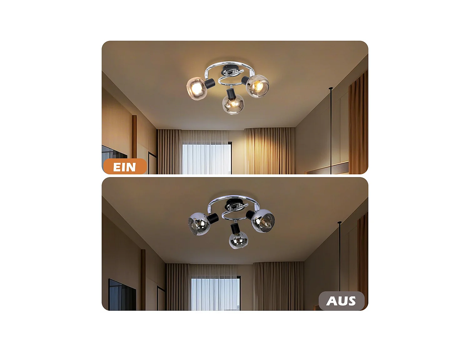 NETTLIFE Plafonnier Spot E14 Moderne Verre Fumé 3 Flammes Plafonnier Pivotant 350° Pivotant