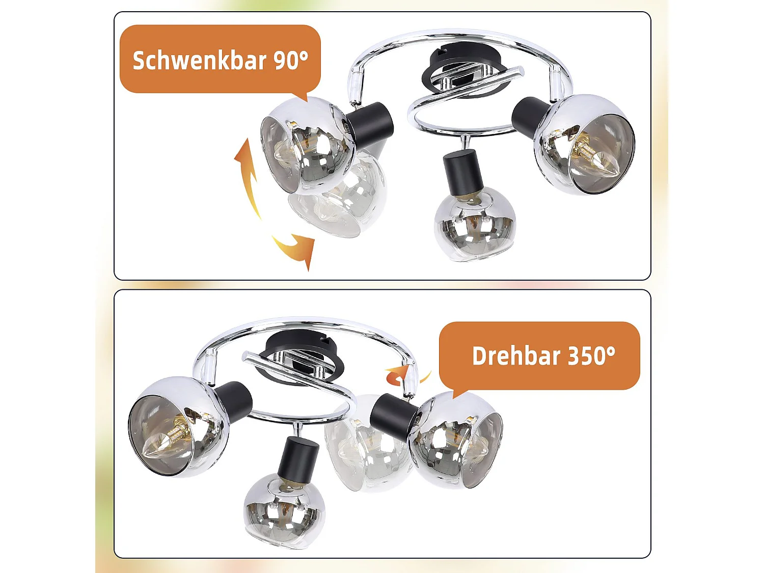 NETTLIFE Plafonnier Spot E14 Moderne Verre Fumé 3 Flammes Plafonnier Pivotant 350° Pivotant