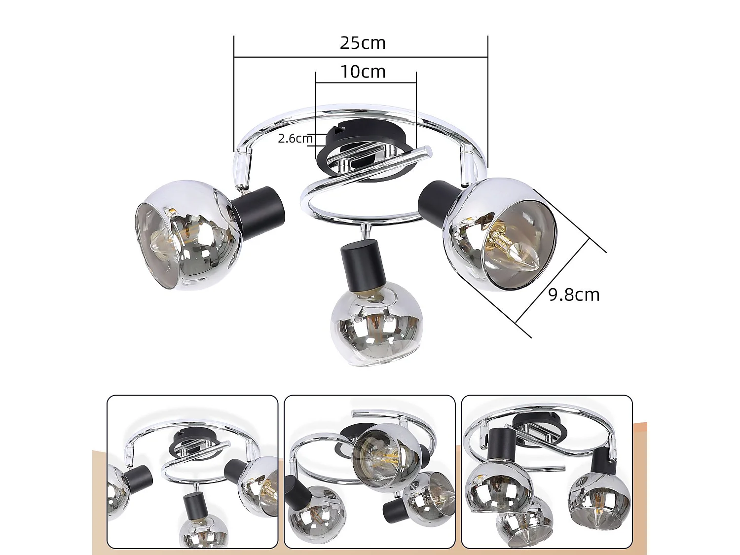 NETTLIFE Plafonnier Spot E14 Moderne Verre Fumé 3 Flammes Plafonnier Pivotant 350° Pivotant