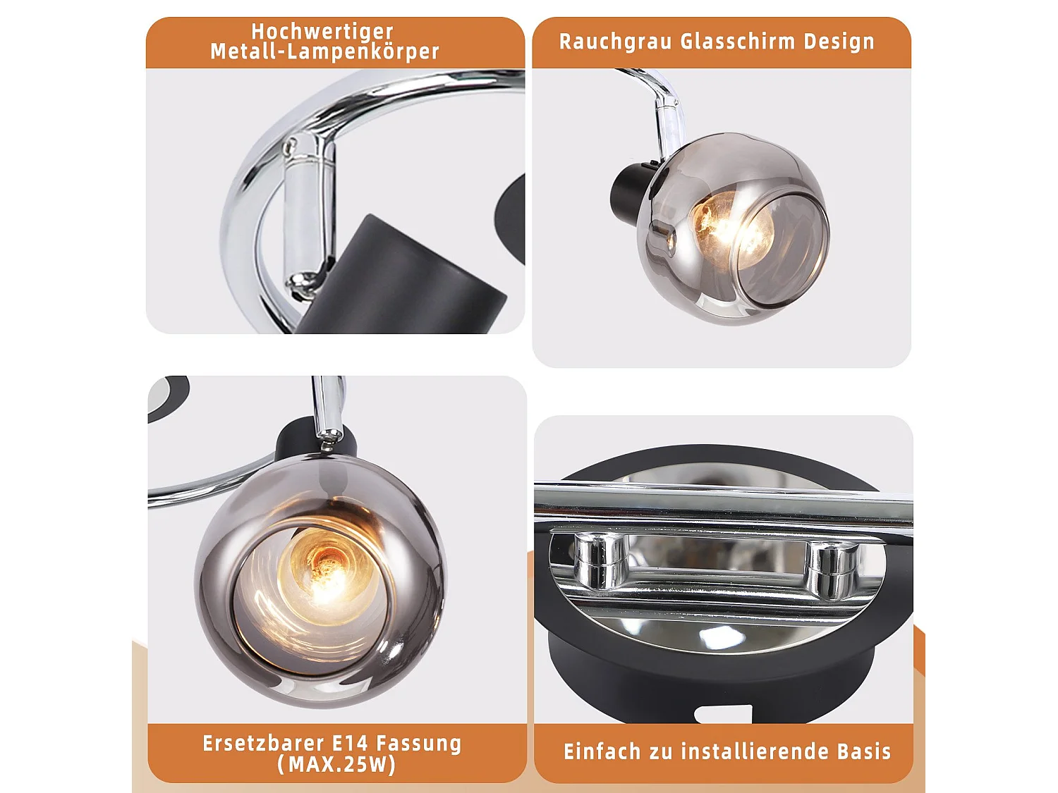 NETTLIFE Plafonnier Spot E14 Moderne Verre Fumé 3 Flammes Plafonnier Pivotant 350° Pivotant