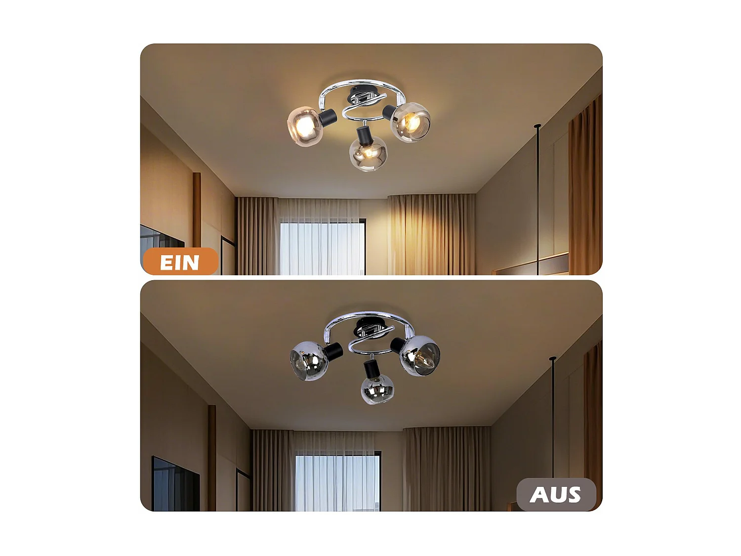 NETTLIFE Plafonnier Spot E14 Moderne Verre Fumé 3 Flammes Plafonnier Pivotant 350° Pivotant