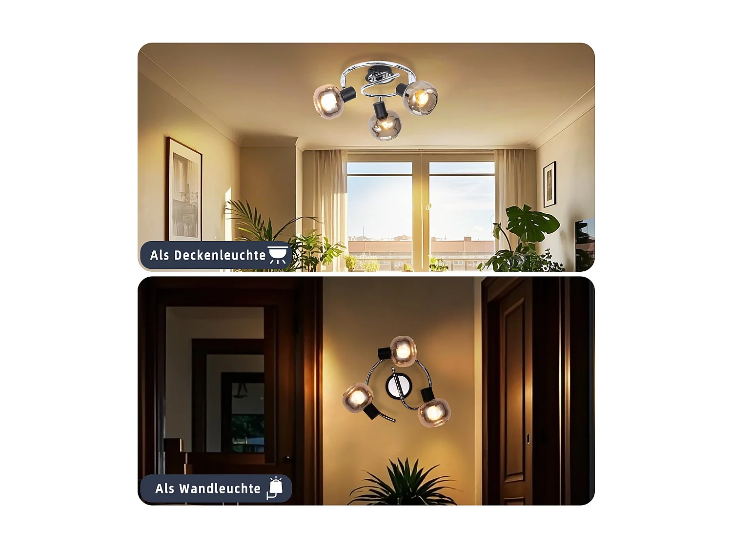 NETTLIFE Plafondlamp Spot E14 Modern Rookglas 3 Vlammen Plafondlamp Draaibaar 350° Draaibaar