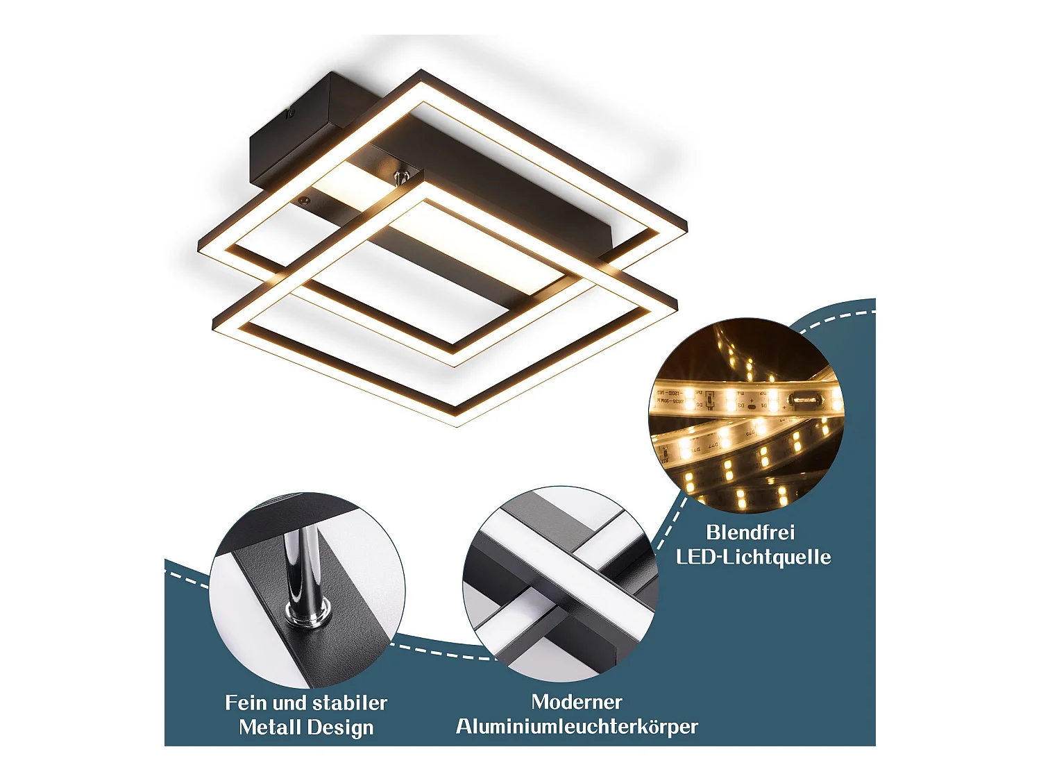 NETTLIFE LED Deckenleuchte Wohnzimmer, 2 Rahmen, Schwarz, Modern, Eckig, Dimmbar, Ideal für Flur