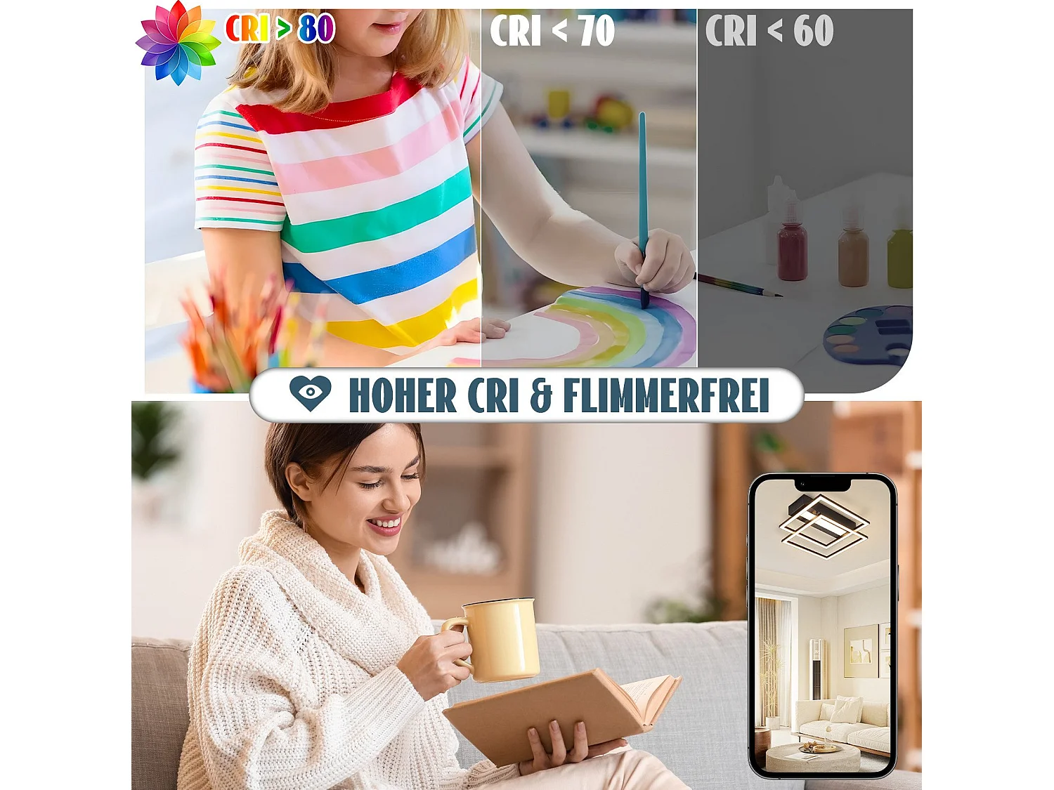 NETTLIFE LED Deckenleuchte Wohnzimmer, 2 Rahmen, Schwarz, Modern, Eckig, Dimmbar, Ideal für Flur