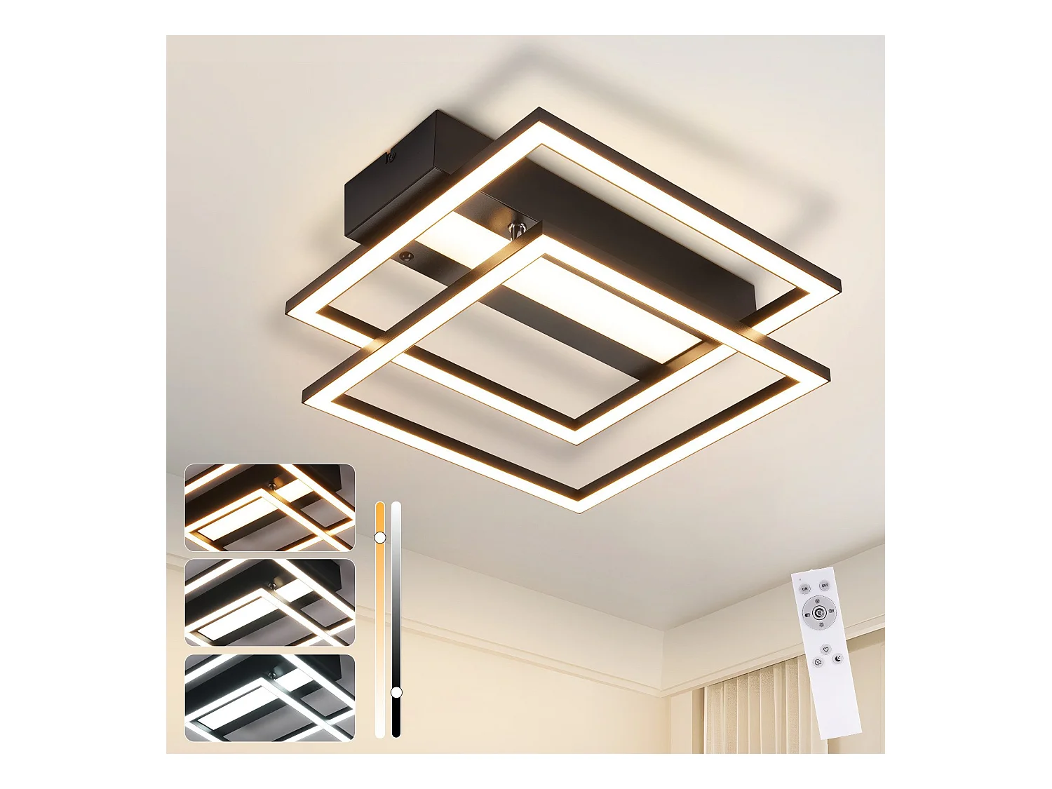 Plafonnier LED NETTLIFE pour salon, 2 cadres, noir, moderne, carré, à intensité variable, idéal pour un couloir