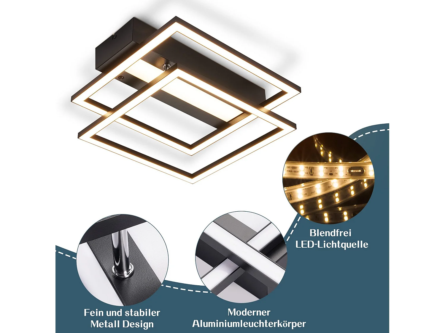 NETTLIFE LED Deckenleuchte Wohnzimmer, 2 Rahmen, Schwarz, Modern, Eckig, Dimmbar, Ideal für Flur