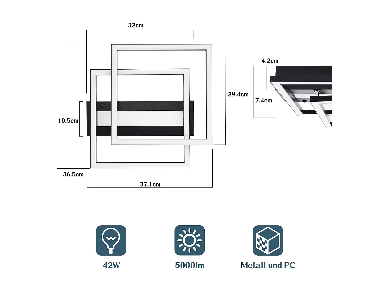 NETTLIFE LED Deckenleuchte Wohnzimmer, 2 Rahmen, Schwarz, Modern, Eckig, Dimmbar, Ideal für Flur