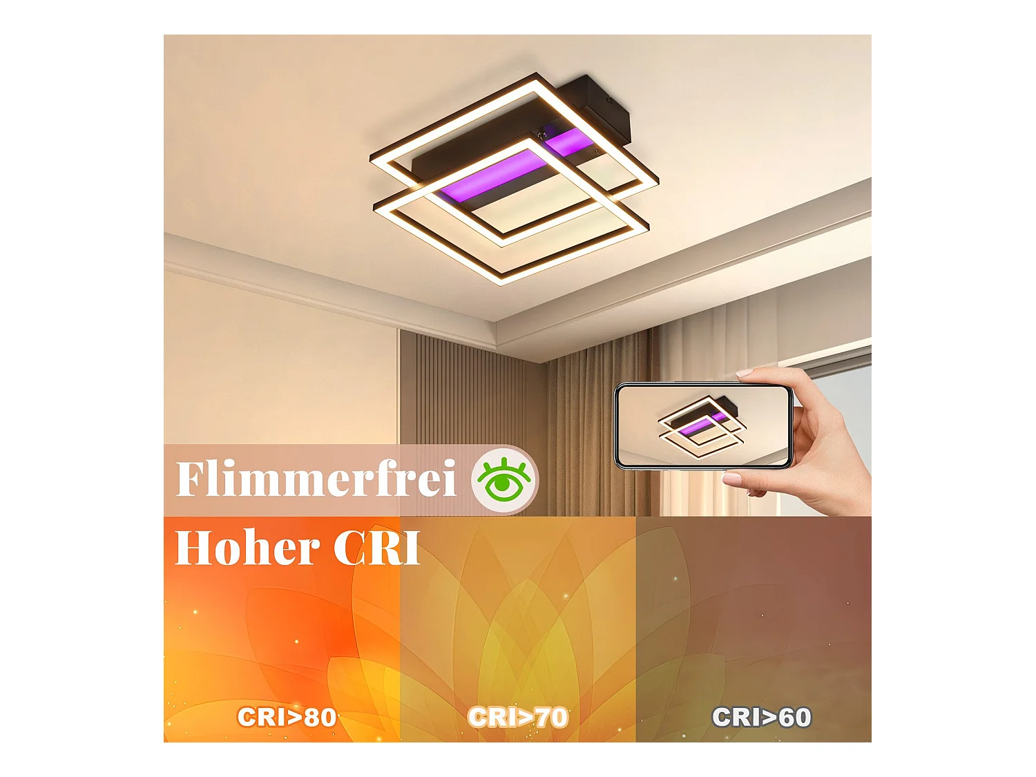 NETTLIFE LED Deckenleuchte Wohnzimmer, 2 Rahmen, Schwarz, Modern, Eckig, Dimmbar, Ideal für Flur