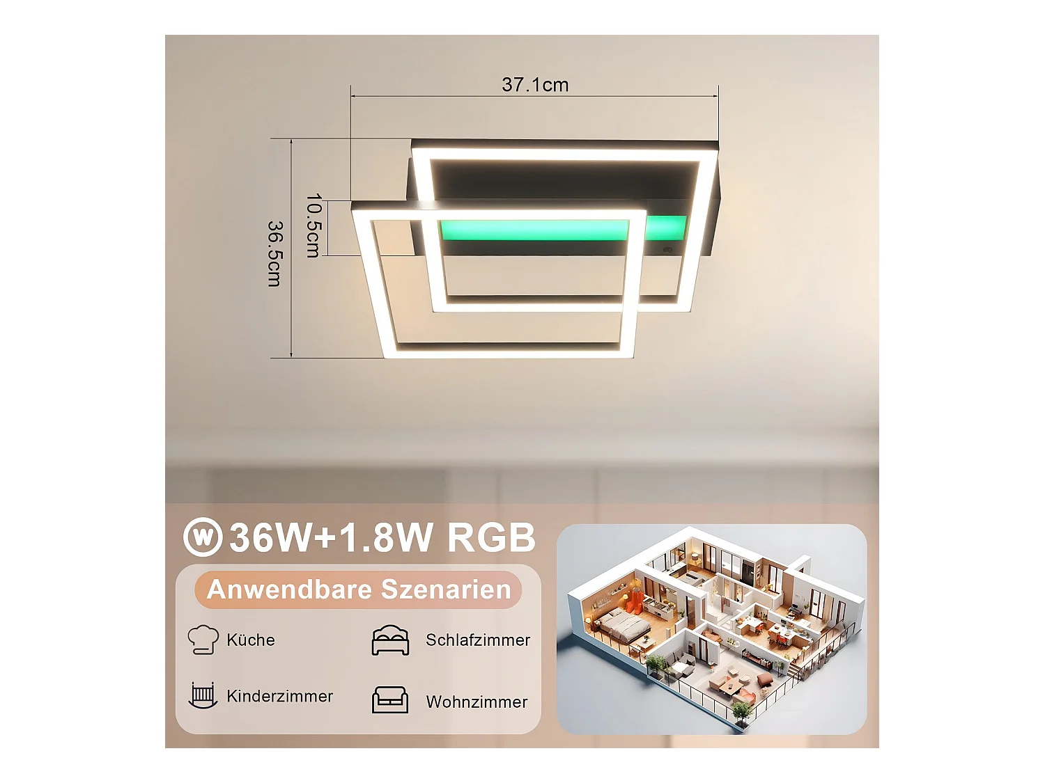 NETTLIFE LED Deckenleuchte Wohnzimmer, 2 Rahmen, Schwarz, Modern, Eckig, Dimmbar, Ideal für Flur