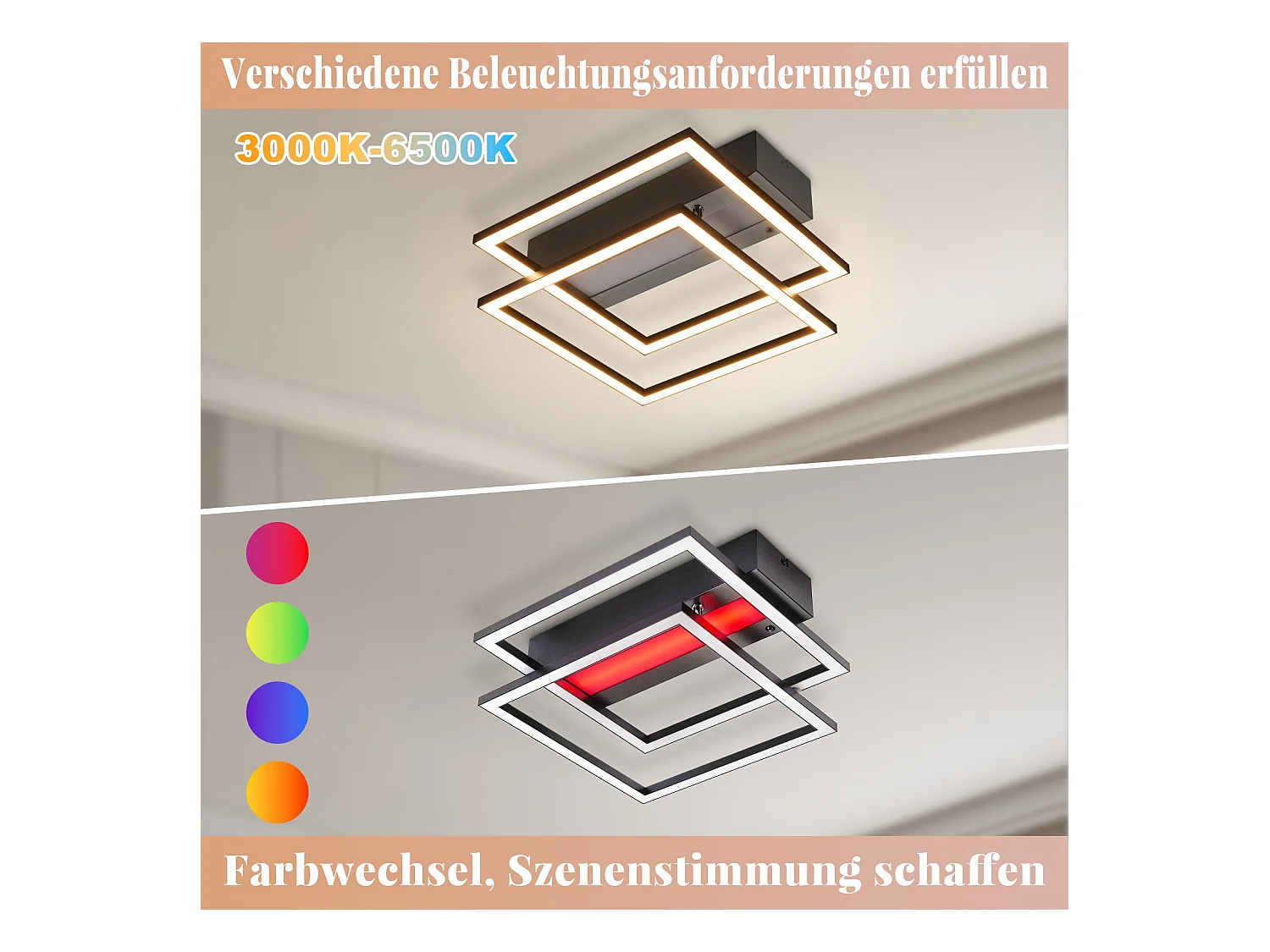 NETTLIFE LED Deckenleuchte Wohnzimmer, 2 Rahmen, Schwarz, Modern, Eckig, Dimmbar, Ideal für Flur
