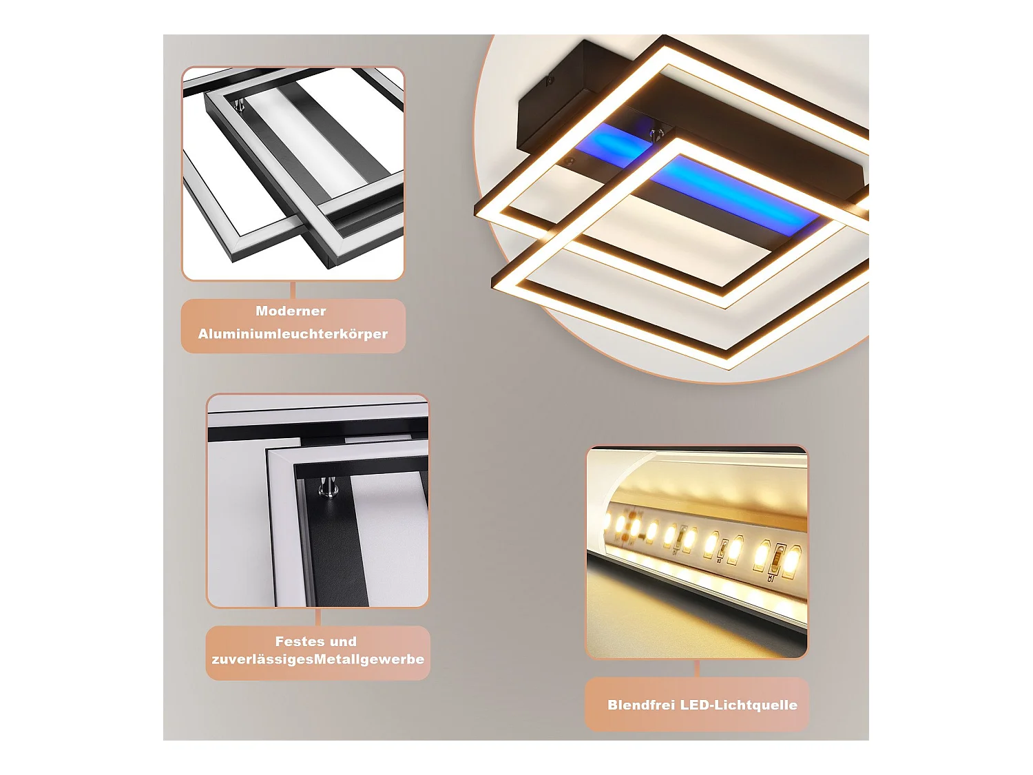 NETTLIFE LED Deckenleuchte Wohnzimmer, 2 Rahmen, Schwarz, Modern, Eckig, Dimmbar, Ideal für Flur