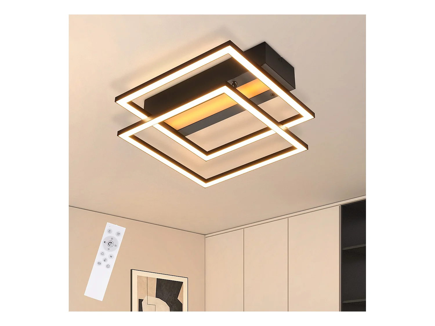 Plafonnier LED NETTLIFE pour salon, 2 cadres, noir, moderne, carré, à intensité variable, idéal pour un couloir