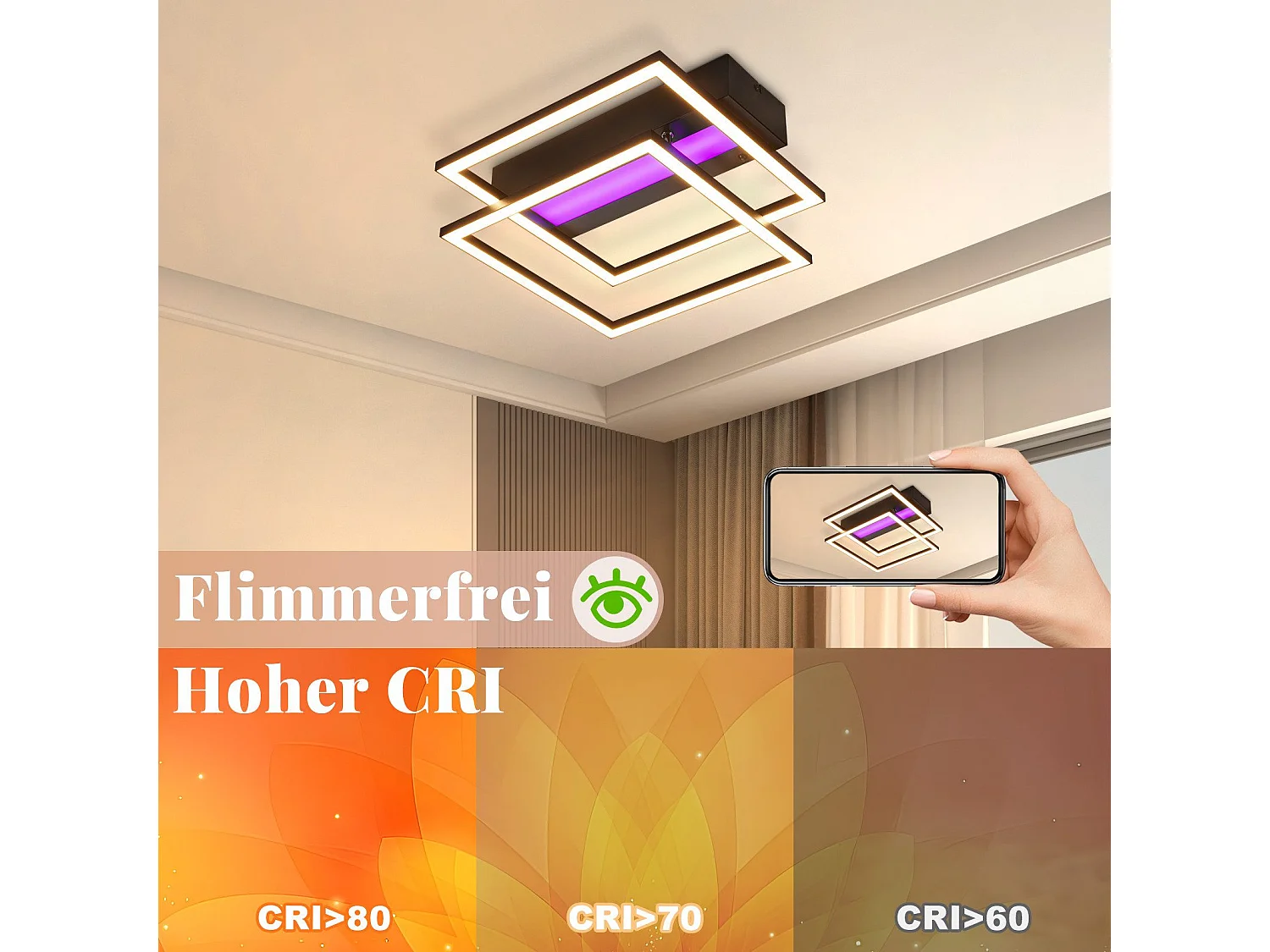 NETTLIFE LED Deckenleuchte Wohnzimmer, 2 Rahmen, Schwarz, Modern, Eckig, Dimmbar, Ideal für Flur