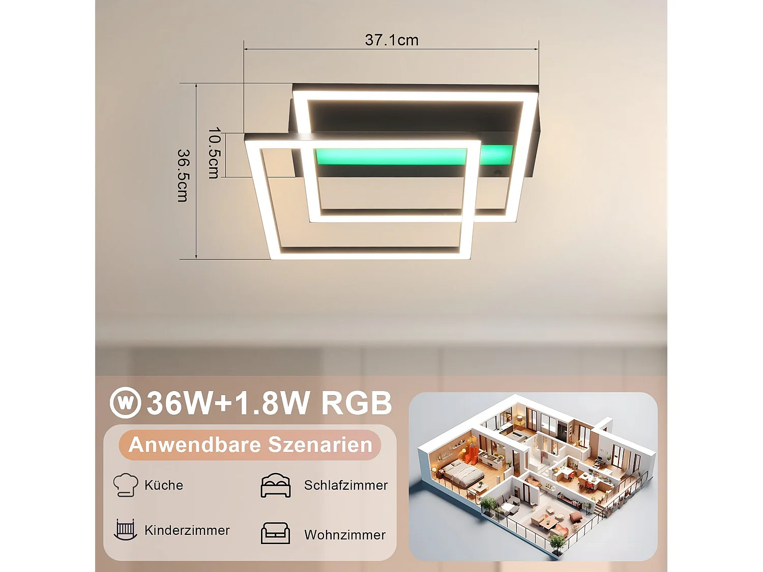 NETTLIFE LED Deckenleuchte Wohnzimmer, 2 Rahmen, Schwarz, Modern, Eckig, Dimmbar, Ideal für Flur