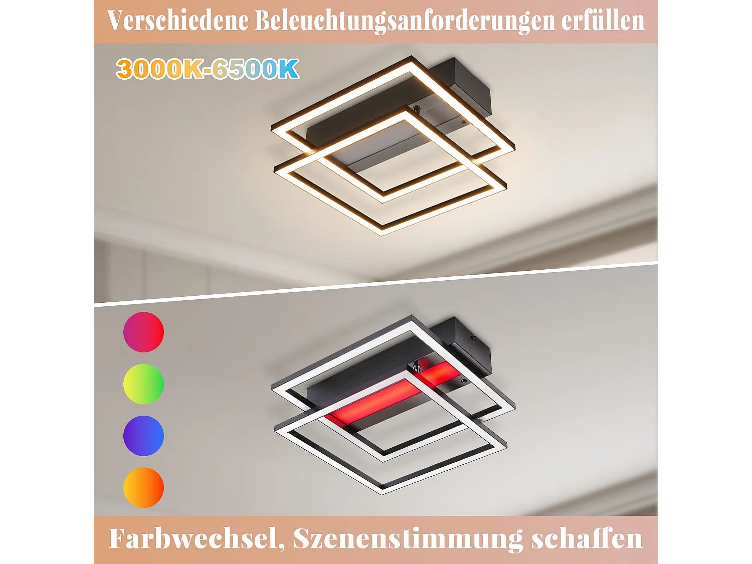 NETTLIFE LED Deckenleuchte Wohnzimmer, 2 Rahmen, Schwarz, Modern, Eckig, Dimmbar, Ideal für Flur