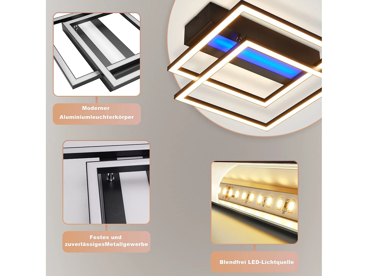 NETTLIFE LED Deckenleuchte Wohnzimmer, 2 Rahmen, Schwarz, Modern, Eckig, Dimmbar, Ideal für Flur