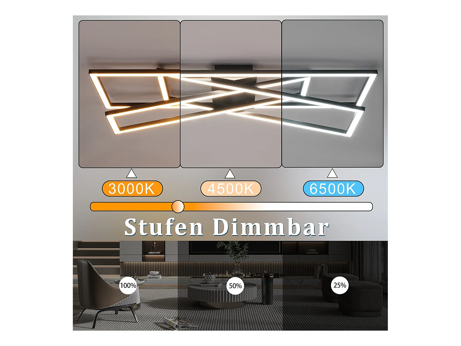 Plafonnier LED NETTLIFE noir 45W dimmable pour salon, bureau, chambre d'enfant