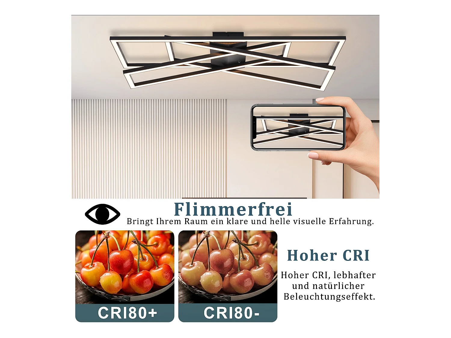 Plafonnier LED NETTLIFE noir 45W dimmable pour salon, bureau, chambre d'enfant