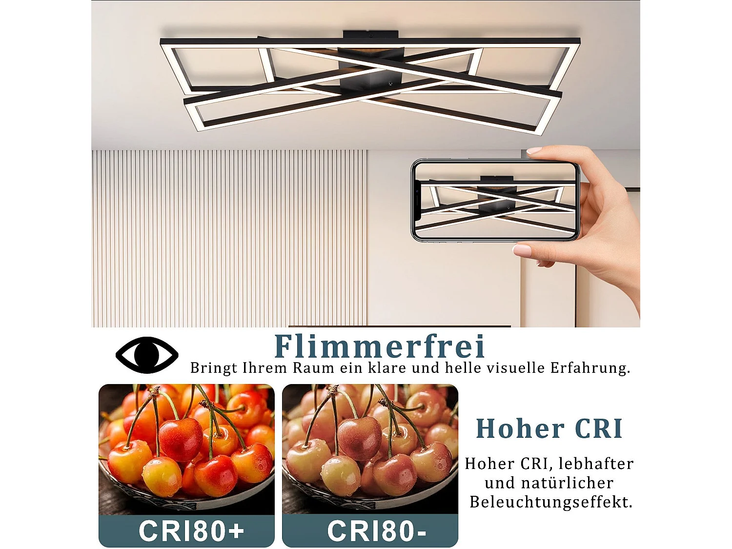 Plafonnier LED NETTLIFE noir 45W dimmable pour salon, bureau, chambre d'enfant