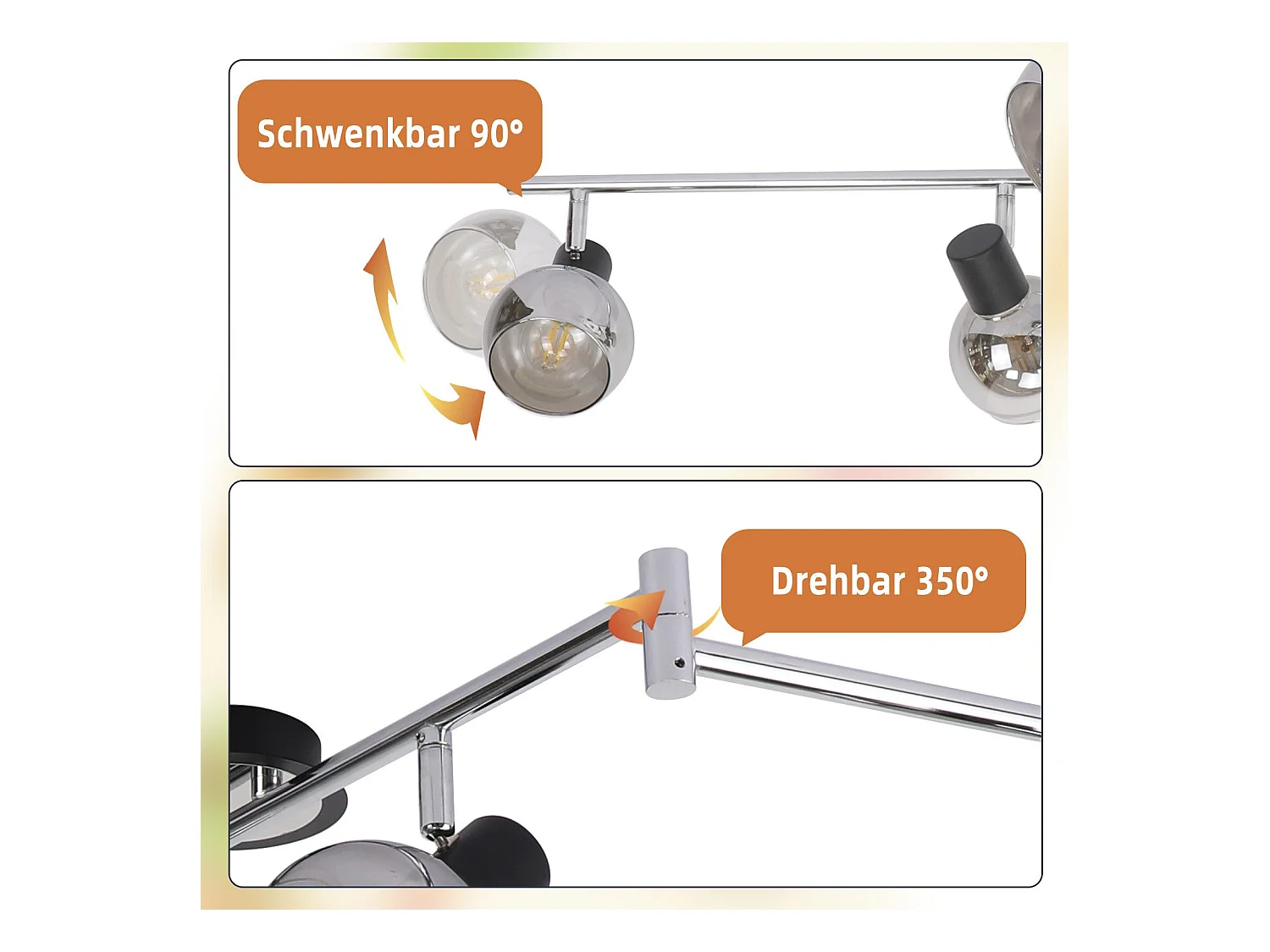 NETTLIFE Plafonnier Spot E14 Moderne Verre Fumé 6 Flammes Plafonnier Pivotant 350° Pivotant