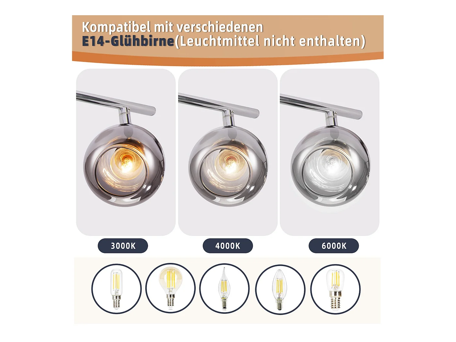 NETTLIFE Plafonnier Spot E14 Moderne Verre Fumé 6 Flammes Plafonnier Pivotant 350° Pivotant