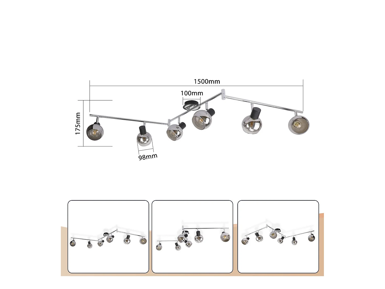 NETTLIFE Plafonnier Spot E14 Moderne Verre Fumé 6 Flammes Plafonnier Pivotant 350° Pivotant