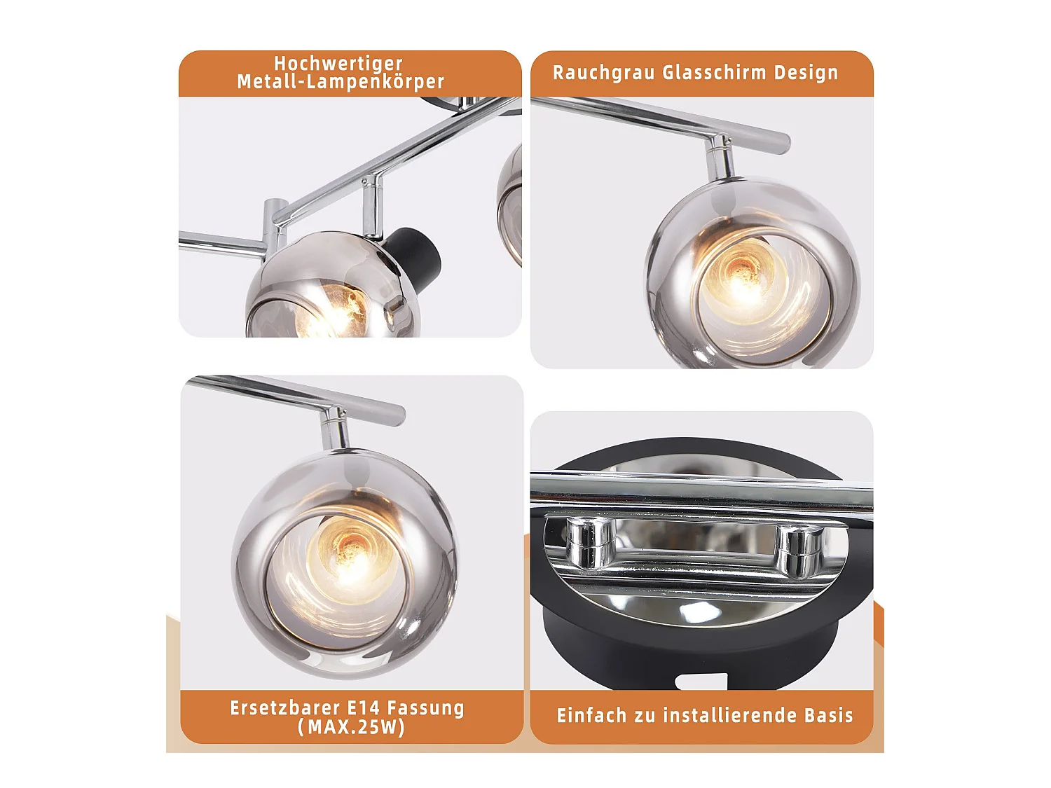 NETTLIFE Plafonnier Spot E14 Moderne Verre Fumé 6 Flammes Plafonnier Pivotant 350° Pivotant